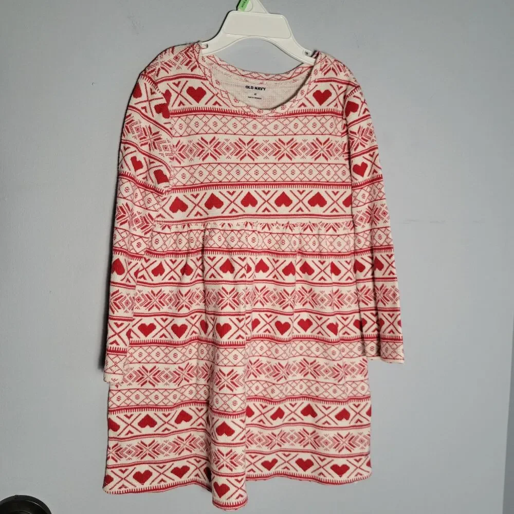 Old Navy Girls Red White Fair Isle Heart Waffle Knit Dress Long Sleeve Size 4T